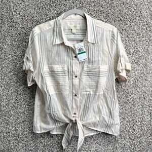 MICHAEL Michael Kors Top Women’s L Dusty Coral Striped Short Sleeve Collared NWT